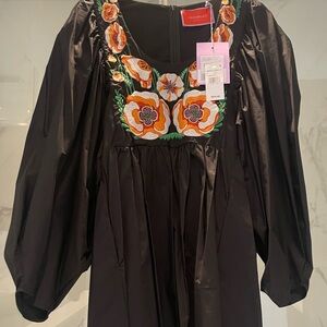 Black Embroidered Floral Dress with Puff Sleeves